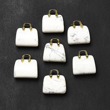 Natural Howlite Brass Pendants, Handbag Charms, Golden, 27.5x26x12mm, Hole: 6.3x5mm