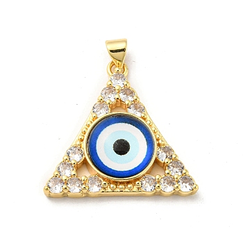 Real 18K Gold Plated Brass Pendants, with Glass and Acrylic, Triangle With Evil Eye Charms, Blue, 27x28x7mm, Hole: 4x3.5mm