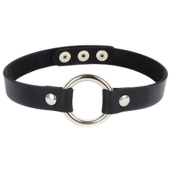 1Pc Punk Rock Style Leather Necklaces, with Alloy Rings, Platinum, Black, 15.4 inch(39.1cm)