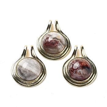 Natural Mexican Agate Pendants, Rack Plating Golden Plated Brass Half Round Charms, Cadmium Free & Lead Free, 28x22.5x10mm, Hole: 2x4mm