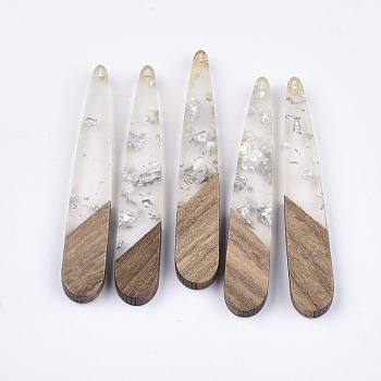 Resin & Wood Pendants, with Silver Foil, Teardrop, Silver, 44x7.5x3mm, Hole: 1.2mm