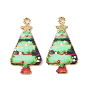 Christmas Theme Rack Plating Alloy Pendants, with Enamel, Golden, Christmas Trees Charm, Pale Green, 31x17x1.5mm, Hole: 1.8mm