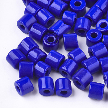 Opaque Glass Bugle Beads, Round Hole, Blue, 7~7.5x6~6.5mm, Hole: 2.5mm, about 800pcs/bag
