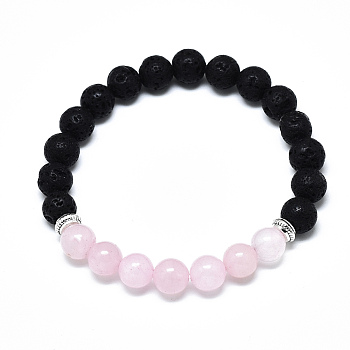 Natural Rose Quartz Beads Stretch Bracelets, with Synthetic Lava Rock Beads and Alloy Beads, Round, Inner Diameter: 2-1/8 inch(5.5cm), Beads: 8.5mm