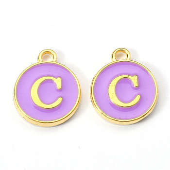 Golden Plated Alloy Enamel Charms, Enamelled Sequins, Flat Round with Letter, Medium Purple, Letter.C, 14x12x2mm, Hole: 1.5mm