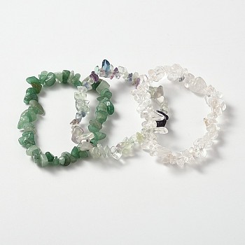 Multi-strand Gemstone Chips Stretch Bracelets, 3 Bracelets a Set, Green, 2-1/8 inch(5.3~5.5cm)