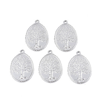 201 Stainless Steel Pendants, Oval with Tree of Life, Stainless Steel Color, 30x20.5x1.5mm, Hole: 1.8mm