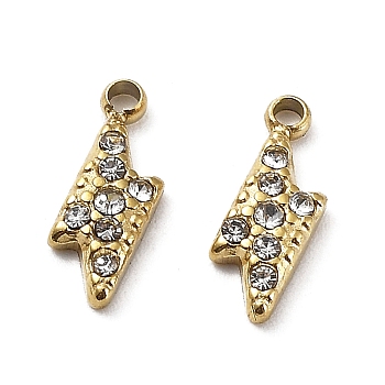 Ion Plating(IP) 304 Stainless Steel Charm, with Crystal Rhinestone, Lightning Charm, Real 18K Gold Plated, 10x4x2mm, Hole: 1mm