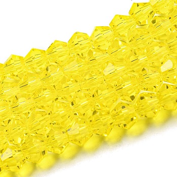 Transparent Glass Beads Strands, Faceted, Bicone, Yellow, 4x4mm, Hole: 0.8mm, about 82~85pcs/strand, 12.01~12.2 inch(30.5~31cm)