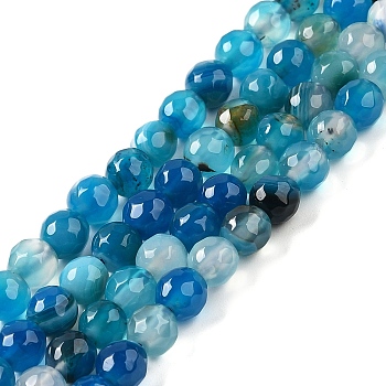 Natural Striped Agate/Banded Agate Beads Strands, Dyed & Heated, Faceted Round, Dodger Blue, 8mm, Hole: 1mm, about 46pcs/strand, 14.69~15.16''(37.3~38.5cm)