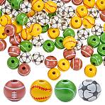 100Pcs 4 Styles Sport Theme Printed Wood European Beads, Round, Mixed Shapes, 15.5~16mm, Hole: 4~4.5mm, 25pcs/style(WOOD-SZ0001-31)