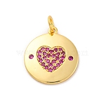 Brass Micro Pave Cubic Zirconia Pendants, Long-Lasting Plated, Lead Free & Cadmium Free, Gold, Round with Heart, Medium Violet Red, 18.5x16x1.5mm, Hole: 3mm(KK-U033-11G-01)