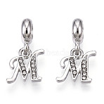 Platinum Rack Plating Alloy Rhinestone European Dangle Charms, Large Hole Pendants, Letter, Cadmium Free & Lead Free, Letter.M, 23~27mm, Hole: 4.5mm, Pendants: 13~16.5x6~14x2mm, hole: 2mm(PALLOY-T048-36P-M)