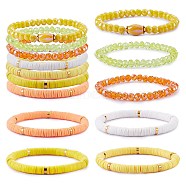7Pcs 7 Style Handmade Polymer Clay Heishi Surfer Stretch Bracelets Set, Glass Beads Bracelets, Stackable Preppy Bracelets for Women, Yellow, Inner Diameter: 2-1/8 inch(5.3cm), 1Pc/style(BJEW-SW00073-02)