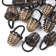 Handmade Reed Cane/Rattan Woven Pendants, For Making Straw Earrings and Necklaces, Basket, Black, 35~40x18~23mm(X-WOVE-T006-092B)