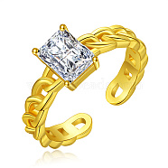 Golden Brass Micro Pave Cubic Zirconia Open Cuff Rings, Rectangle, Clear, Wide: 4mm(EP4174-3)