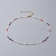 Seed Beaded Necklaces, with Golden Plated Brass Curb Chains, Brass Round Beads and 304 Stainless Steel Lobster Claw Clasps, White, 16.14 inch~16.73 inch(41~42.5cm)(NJEW-JN02659-03)