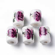 Handmade Porcelain Beads, Famille Rose Style, Column with Flower Pattern, Purple, 12.5x8.5mm, Hole: 3mm(PORC-T007-15)