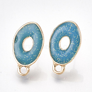Alloy Enamel Stud Earring Findings, with Loop, Raw(Unplated) Pins and Glitter Powder and 925 Sterling Silver Pin, Oval, Light Gold, Steel Blue, 17x10mm, Hole: 1.8mm, Pin: 0.6mm(PALLOY-T056-58D)