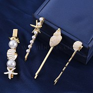 Conch/Starfish/Shell Shape Alloy Hair Bobby Pin Sets, with Rhinestone and Plastic Imitation Pearl and Enamel, White, 53.5~63mm, 4pcs/set(AJEW-A056-02E)