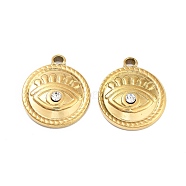 Ion Plating(IP) 304 Stainless Steel Pendant, with Rhinestone, Flat Round & Evil Eye, Real 18K Gold Plated, 18x15x4mm, Hole: 1.8mm(STAS-U014-25G)