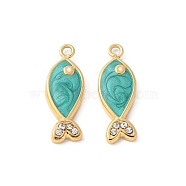 304 Stainless Steel Enamel Pendants, with Rhinestone, Real 18K Gold Plated, Fish Charms, Ion Plating(IP), Dark Cyan, 16x6x2mm, Hole: 1.2mm(STAS-Z122-22G-01)