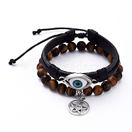 Stretch Charm Bracelets & Cowhide Leather Cord Bracelets Sets, Stackable Bracelets, with Alloy & Acrylic Pendants, Natural Tiger Eye Beads, Waxed Cotton Cord, Antique Silver, Inner Diameter: 2-1/4 inch(5.8cm) and 2-1/4 inch(5.6cm), 2pcs/set(BJEW-JB05287)