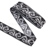 4.5M Iron on/Sew on Polyester Auspicious Cloud Embroidery Ribbon, Clothes Accessories, Black, Silver, 2 inch(52mm), about 4.92 Yards(4.5m)/Roll(OCOR-WH0078-177B)