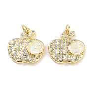 Brass Micro Pave Clear Cubic Zirconia Pendants, with Synthetic Opal and Jump Rings, Real 18K Gold Plated, Fruit Charms, Apple, 18.5x18x4mm, Hole: 3mm(KK-L213-042G-02)