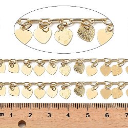 Rack Plating Brass Link Chains, with Heart Charms, Long-Lasting Plated, Soldered, with Spool, Light Gold, heart: 7.5x6x0.2mm, about 32.81 Feet(10m)/Roll(CHC-A007-04KCG)