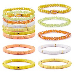 7Pcs 7 Style Handmade Polymer Clay Heishi Surfer Stretch Bracelets Set, Glass Beads Bracelets, Stackable Preppy Bracelets for Women, Yellow, Inner Diameter: 2-1/8 inch(5.3cm), 1Pc/style(BJEW-SW00073-02)