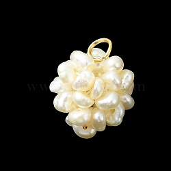Natural Cultured Freshwater Pearl Cluster Pendants, Round Ball Charms, Golden, White, 12mm, Hole: 3mm(PALLOY-JF05902)