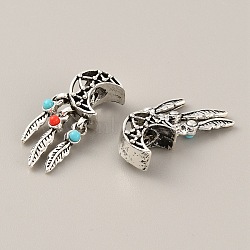 Tibetan Style Alloy European Dangle Charms, Large Hole Pendants, with Synthetic Turquoise Beads, Moon with Feather, Antique Silver, 25x10x7.5mm, Hole: 4.5mm(FIND-TAC0001-65)