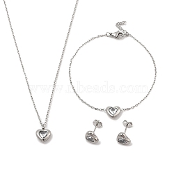 Heart 304 Stainless Steel Micro Pave Cubic Zirconia Pendant Necklaces & Bracelets & Stud Earrings Sets for Women, Clear, 7.48 inch(190mm)(SJEW-C004-13P-01)