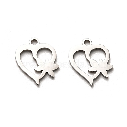 Valentine's Day 316 Surgical Stainless Steel Charms, Laser Cut, Heart Charm, Stainless Steel Color, Flower, 14x12.5x1mm, Hole: 1.6mm(STAS-H190-15P-02)
