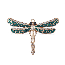 Light Gold Plated Alloy Pendants, with Enamel and Rhinestone, Dragonfly, Teal, 46x66x4mm, Hole: 2.5mm(ENAM-J269-14KCG)
