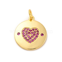Brass Micro Pave Cubic Zirconia Pendants, Long-Lasting Plated, Lead Free & Cadmium Free, Gold, Round with Heart, Medium Violet Red, 18.5x16x1.5mm, Hole: 3mm(KK-U033-11G-01)