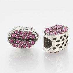 Alloy Rhinestone European Beads, Large Hole Beads, Lip, Antique Silver, Rose, 8x12x9mm, Hole: 4.5mm(MPDL-Q209-041AS)