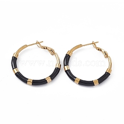 PVD Vacuum Plating 201 Stainless Steel Hoop Earrings for Women, Enamel Ring Earring with 304 Stainless Steel Pin, Golden, Black, 33~34x30~31x3mm, Pin: 0.8mm(EJEW-B016-33B)