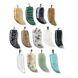 Natural & Synthetic Mixed Gemstone Pendants, Horn Charms with Platinum Plated Iron Snap on Bails, 38~44x14~25x5~8mm, Hole: 6x3mm(G-P520-13P)