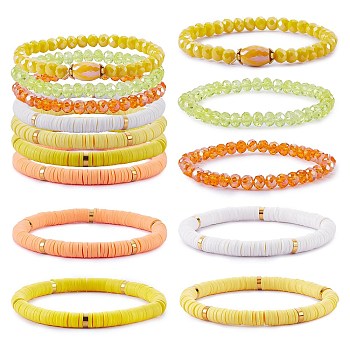 7Pcs 7 Style Handmade Polymer Clay Heishi Surfer Stretch Bracelets Set, Glass Beads Bracelets, Stackable Preppy Bracelets for Women, Yellow, Inner Diameter: 2-1/8 inch(5.3cm), 1Pc/style