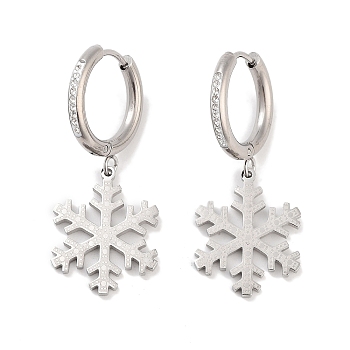 Christmas Snowflake 304 Stainless Steel Dangle Earrings, Rhinestone Hoop Earrings for Women, Stainless Steel Color, 34x17mm
