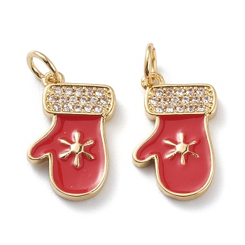 Christmas Style Brass Micro Pave Clear Cubic Zirconia Pendants, with Red Enamel & Jump Rings, Long-Lasting Plated, Glove, Real 18k Gold Plated, 17x11x2mm, Hole: 3mm, Jump Ring: 5x1mm
