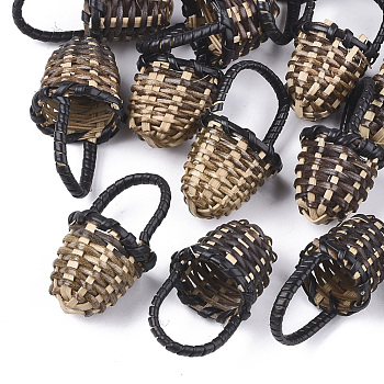 Handmade Reed Cane/Rattan Woven Pendants, For Making Straw Earrings and Necklaces, Basket, Black, 35~40x18~23mm