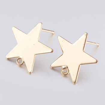 Brass Stud Earring Findings, with Loop and Flat Plate, Long-Lasting Plated, Star, Light Gold, 16.5x17mm, Hole: 1mm, Pin: 0.8mm