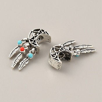 Tibetan Style Alloy European Dangle Charms, Large Hole Pendants, with Synthetic Turquoise Beads, Moon with Feather, Antique Silver, 25x10x7.5mm, Hole: 4.5mm