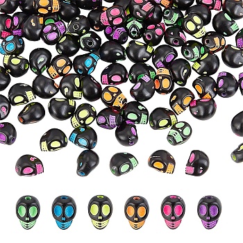 500Pcs Opaque Black Acrylic Beads, Craft Style, Skull, Mixed Color, 9.5x7.5x8mm, Hole: 1.8mm