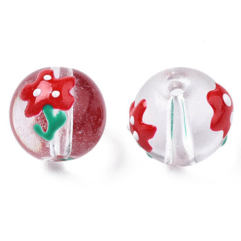 Transparent Glass Enamel Beads, Round with Flower, Red, 13~14x12x11mm, Hole: 1.6mm