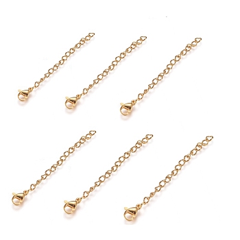 6Pcs 304 Stainless Steel Chain Extender, with Lobster Claw Clasp, Golden, 60mm, Link: 4x2.8x0.5mm, Clasp: 9.3x6.3x3.3mm
