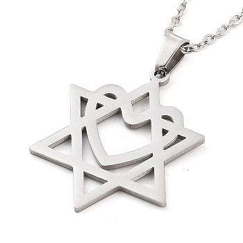 304 Stainless Steel Pendant Necklaces, Cable Chains, Star of David with Heart, Stainless Steel Color, 17.68 inch(44.9cm)